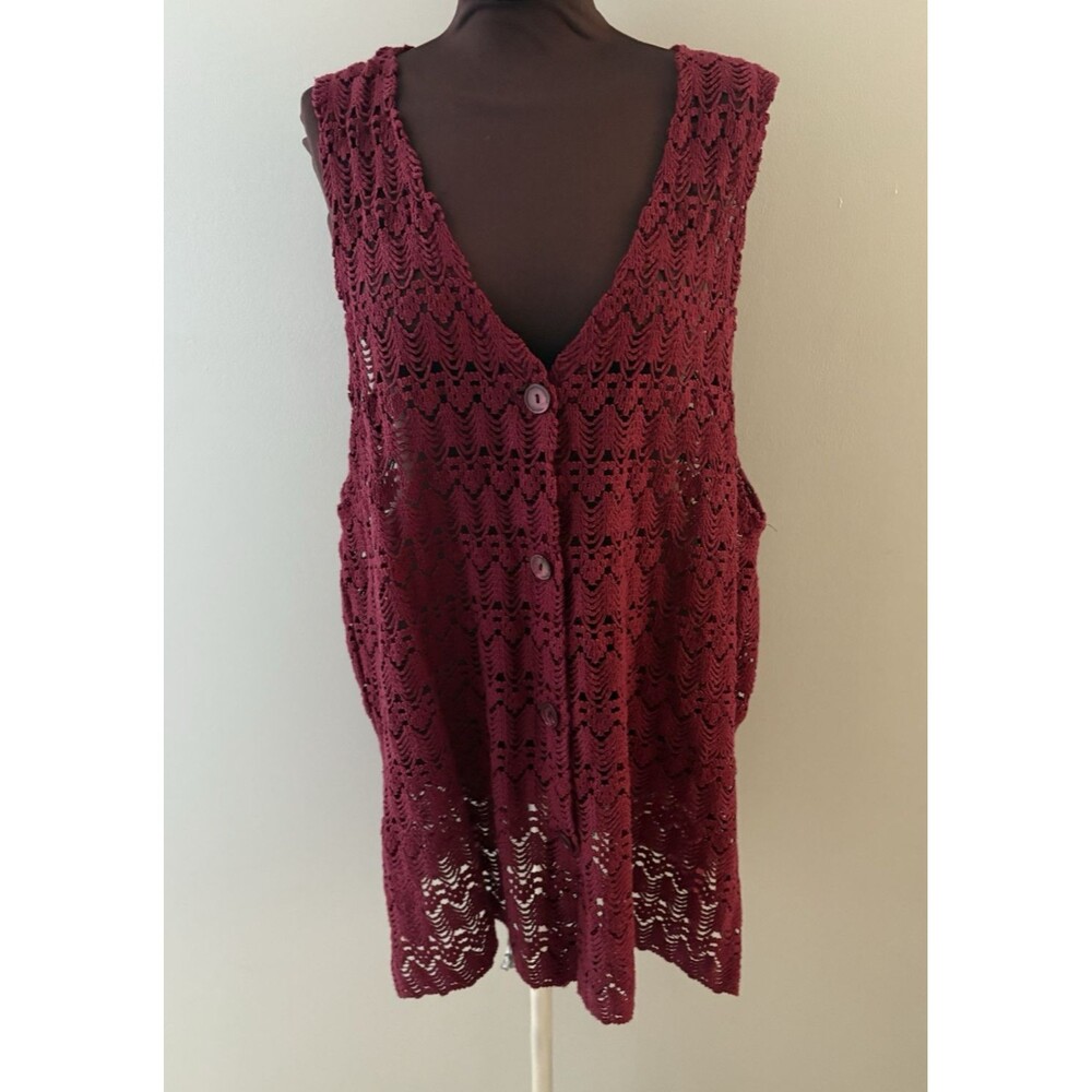 Vintage Burgundy Crochet Vest Mid Length Cottagecore Festival Bohemian